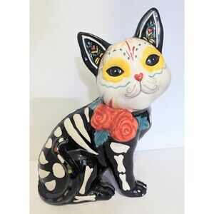 Day of the Dead Blue Sky Clayworks Cat Figure with Bones Flowers